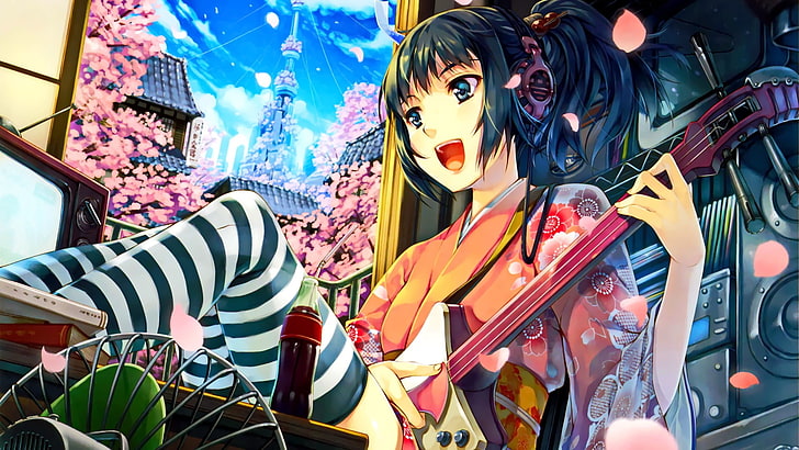 guitar, anime girls, city, Asian architecture, Japanese clothes