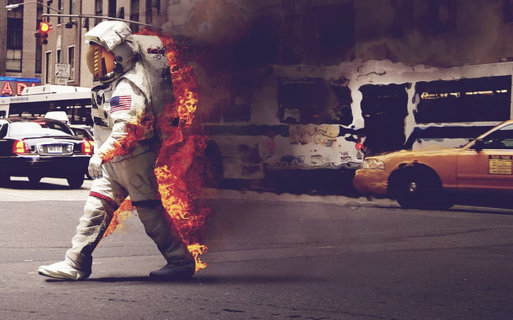astronaut, fire, humor, spacesuit, dark, USA, smoke, traffic, HD wallpaper