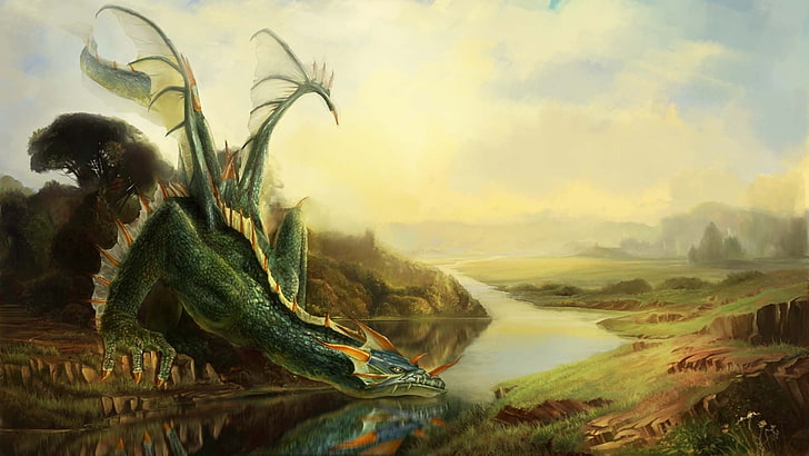 green dragon leaning on river wallpaper, digital art, fantasy art