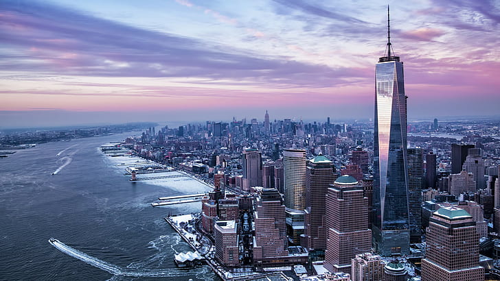 snow, river, One World Trade Center, New York City, building