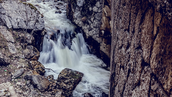 rock, stream, river, waterfall, HD wallpaper