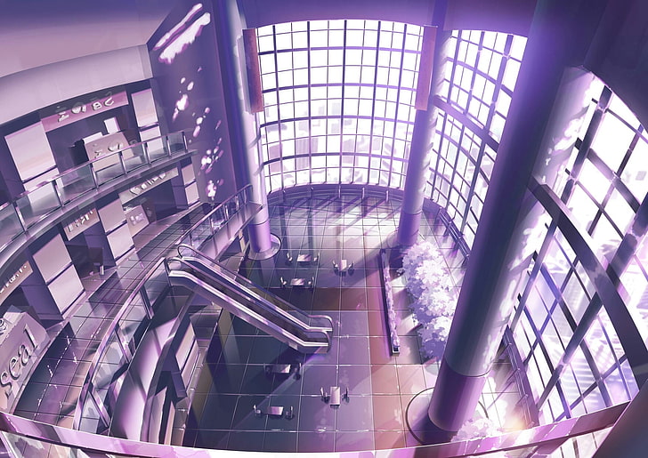 anime landscape, inside the building, mall center, architecture