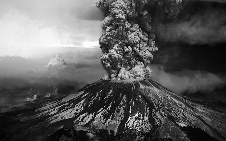 smoke, monochrome, eruption, volcano, nature