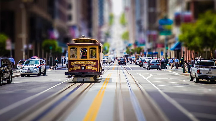 maroon and brown tram, yellow train in city during daytime, street, HD wallpaper