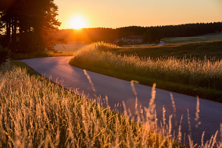 concrete road with sunset view photo, Bend, Calm, Curve, Everöd, HD wallpaper