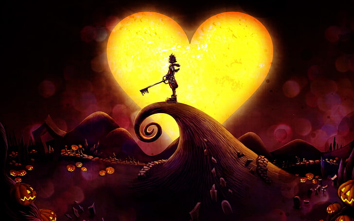 Kingdom Hearts Halloween Town, character standing on curly mountain under heart moon animated digital wallpaper