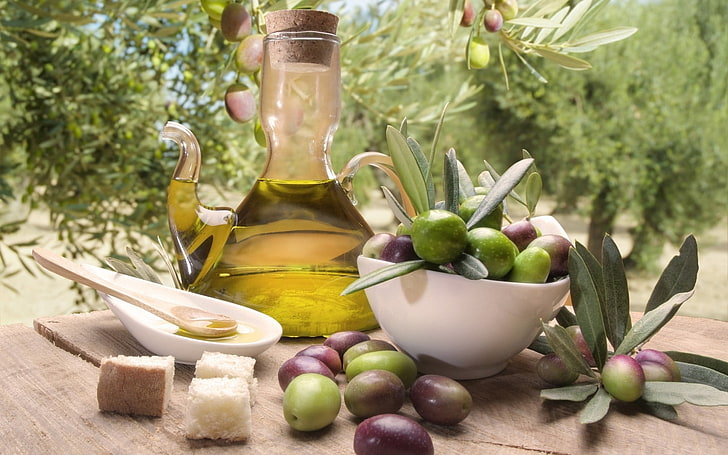 olive fruits, olives, oil, thread, sticks, saucer, healthy eating, HD wallpaper