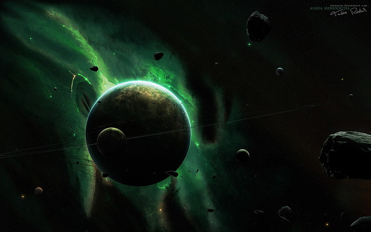 3D, space, green, planet, Taenaron, space art, no people, astronomy, HD wallpaper