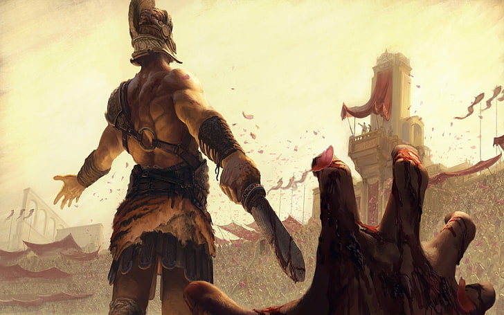 gladiator digital wallpaper, sword, blood, shirtless, blood spatter