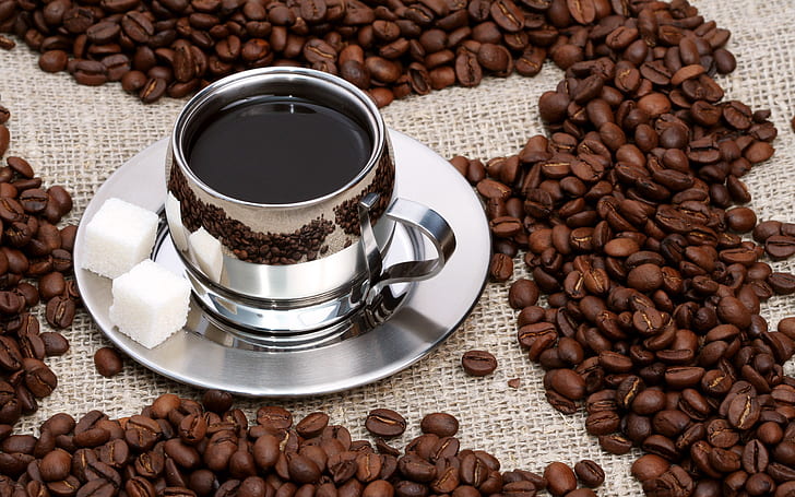 coffee, cup, saucer, sugar, coffee beans, reflection, HD wallpaper