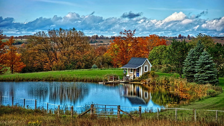 lake, cottage, house, shanty, pond, lakeside, cabin, hut, autumn, HD wallpaper
