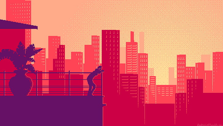 man on balcony illustration, pixels, alone, vector, silhouette, HD wallpaper