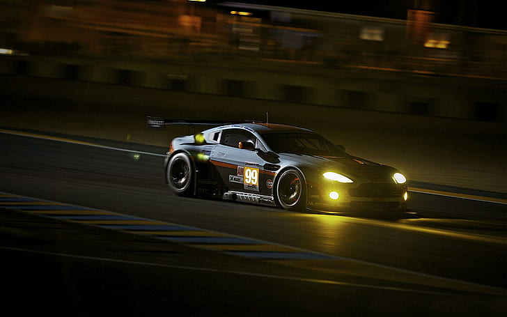 Aston Martin Vantage Night Race, white yellow and black race car, HD wallpaper
