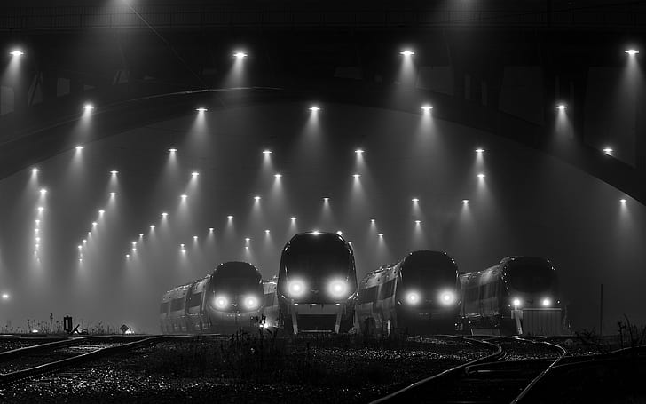 Night, Lights, Train Station, Railway, Mist, Monochrome, Technology, HD wallpaper