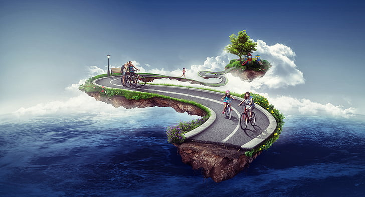 flying asphalt road illustation, Floating island, People, Clouds, HD wallpaper