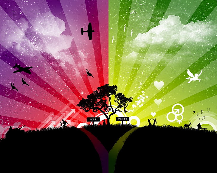 silhouette of trees and planes, war, peace, Yin and Yang, splitting, HD wallpaper