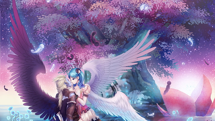 HD wallpaper: girl anime illustration, wings, kiss, angel, tree, underwater  | Wallpaper Flare