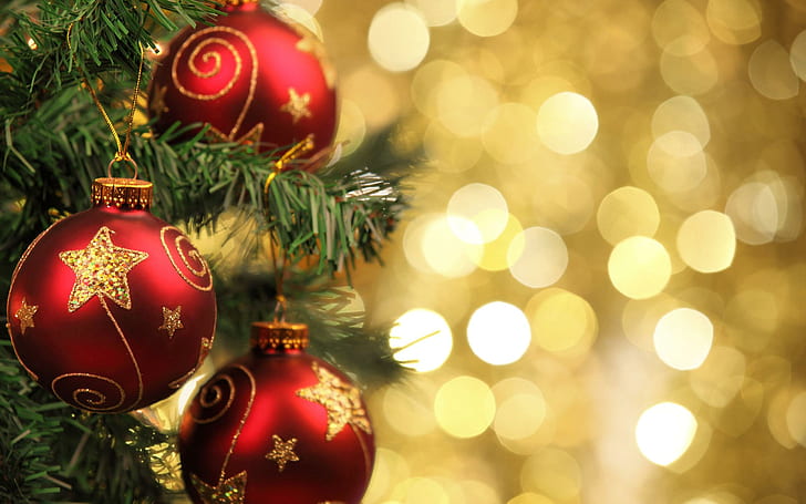 Christmas Tree close-up, red baubles, holidays, 2560x1600, light, HD wallpaper