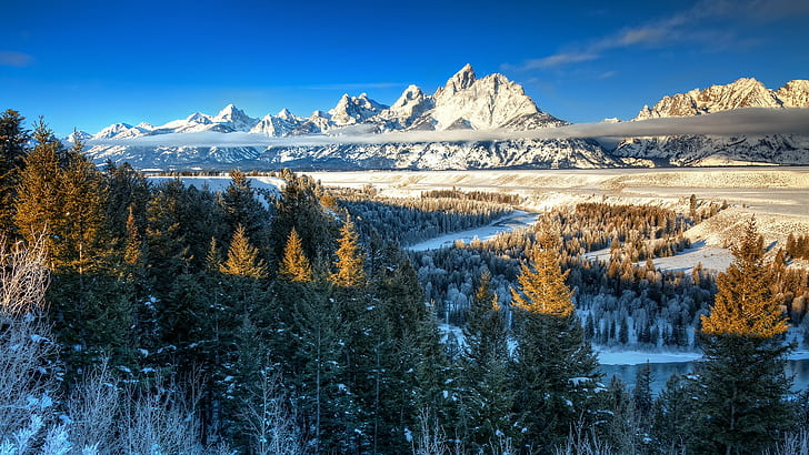 clouds, hills, mountains, river, USA, winter, sunlight, Yellowstone National Park