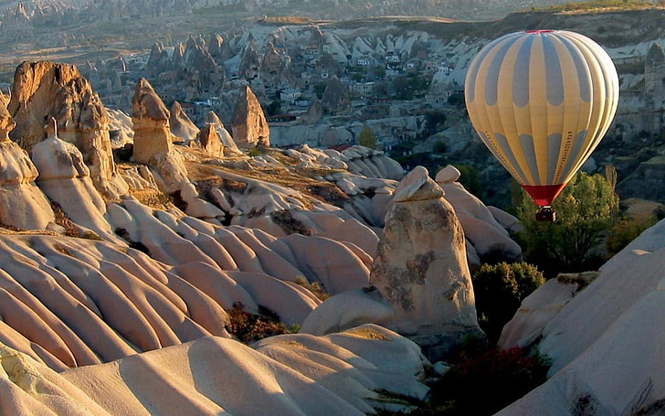 Cappadocia, Turkey, hot air balloon, air vehicle, rock, nature, HD wallpaper