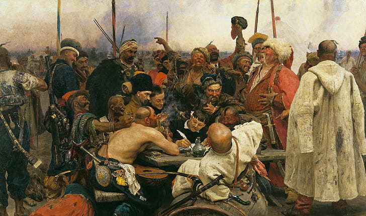 llya Repin, cossacs, Reply of the Zaporozhian Cossacks to Sultan Mehmed IV of the Ottoman Empire