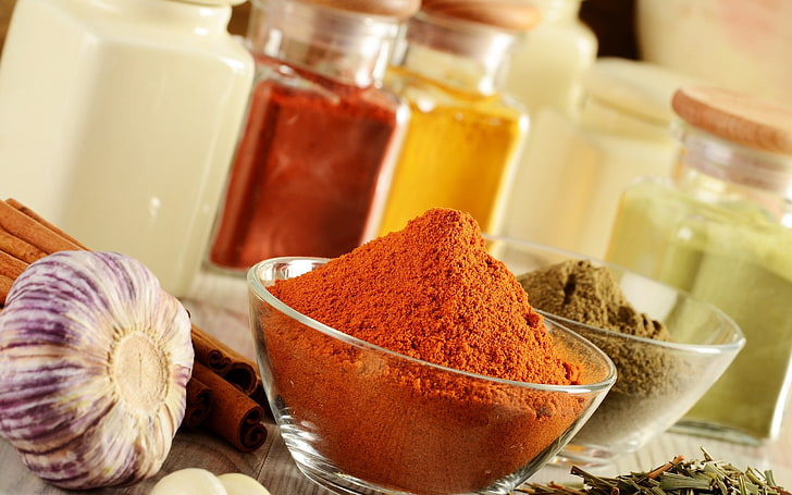 chili powder, spices, dishes, garlic, vegetables, food, seasoning, HD wallpaper