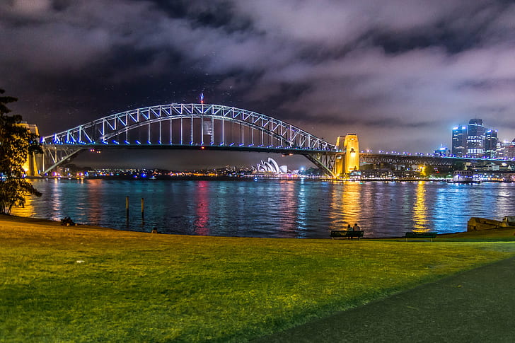 lighted bridge with city view during night time\, sydney harbour bridge, sydney harbour bridge