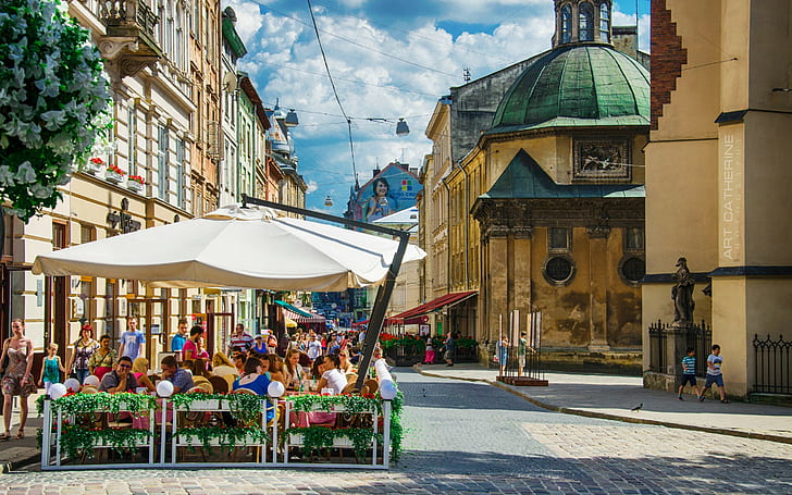 Ukraine, Lviv, city, white outdoor parasol, lions