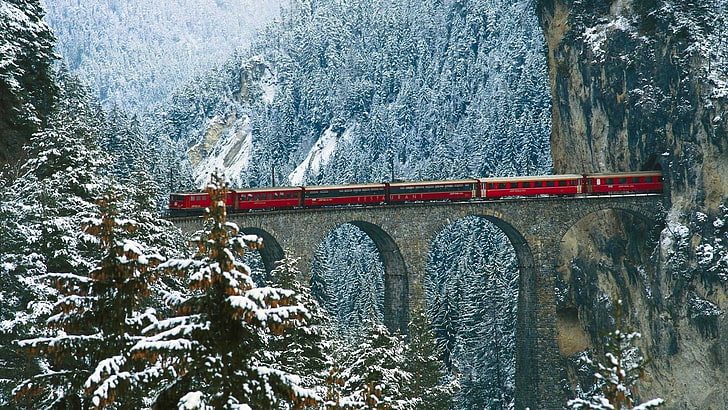 red and black train, tunnel, mountain pass, cliff, bridge, arch