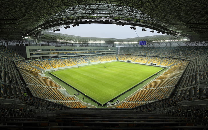 Empty Stadium, green and brown stadium, soccer, grass, HD wallpaper