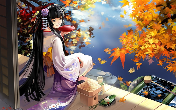 black-haired female anime character wallpaper, girl, geisha, kimono