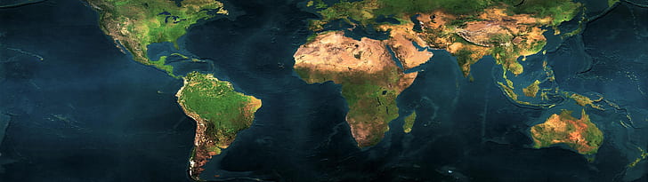 world map, dual monitor, continents, the ocean, 3840 x 1080, HD wallpaper