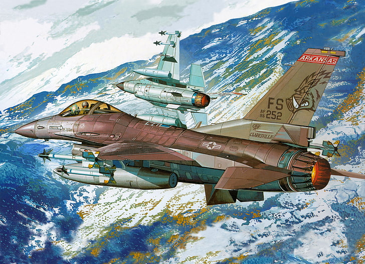 brown and gray fighter jet illustration, aviation, mountains