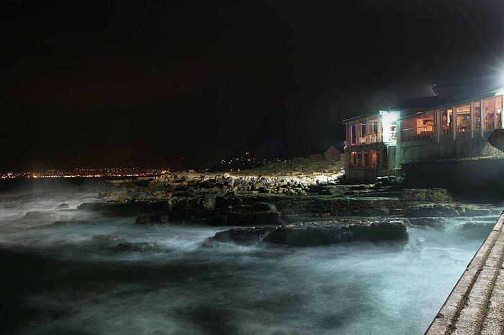 landscape photo on building near body of water, night light, smokey, HD wallpaper