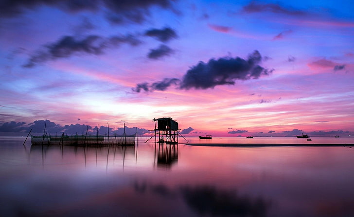 nature, clouds, water, pink, reflection, calm, horizon, sunset, HD wallpaper