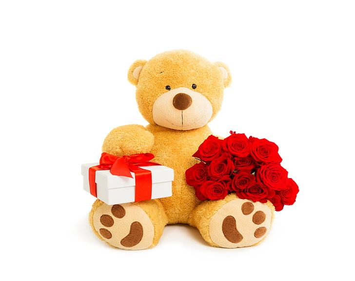 yellow and brown bear plush toy, love, gift, roses, heart, romantic, HD wallpaper