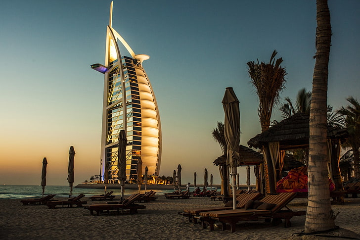 Burj Al Arab, dubai, palm trees, deck chairs, beach, united Arab Emirates, HD wallpaper