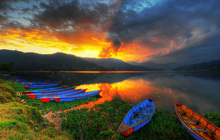 landscape photography of canoes near lake during sunset, phewa lake, pokhara, nepal, phewa lake, pokhara, nepal
