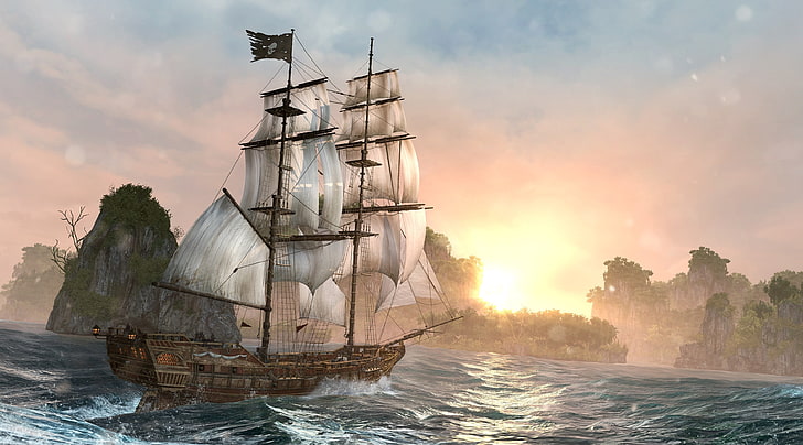 Assassin's Creed IV Black Flag Ship, galleon ship near rocky mountains wallpaper, HD wallpaper