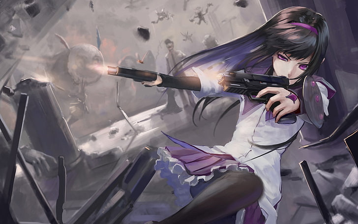 black haired female anime character with purple and white holding two guns digital wallpaper, HD wallpaper