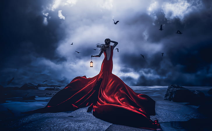 Samantha Wells, 500px, women, red dress, lantern, dark, sky, HD wallpaper