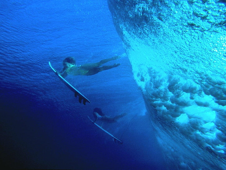 surfing, women, women outdoors, underwater, sea, surfboards, HD wallpaper