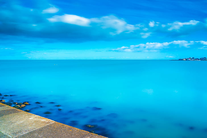 ocean with blue sky reflection and cloud formation photo, ireland, ireland