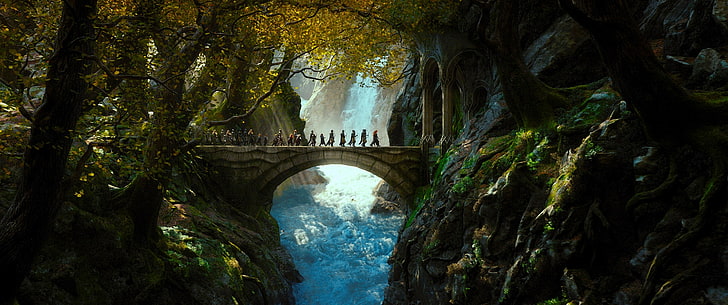 gray bridge illustration, forest, elves, dwarves, prisoner, squad, HD wallpaper