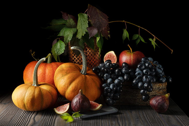 Food, Still Life, Fig, Fruit, Grapes, Pumpkin, HD wallpaper