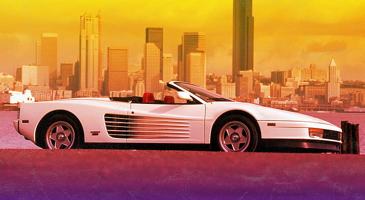 The city, Ferrari, 80s, Testarossa, VHS, 80's, Synth, Retrowave, HD wallpaper