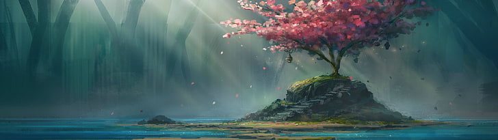 pink petal cherry blossoms, painting of cherry blossom tree, water