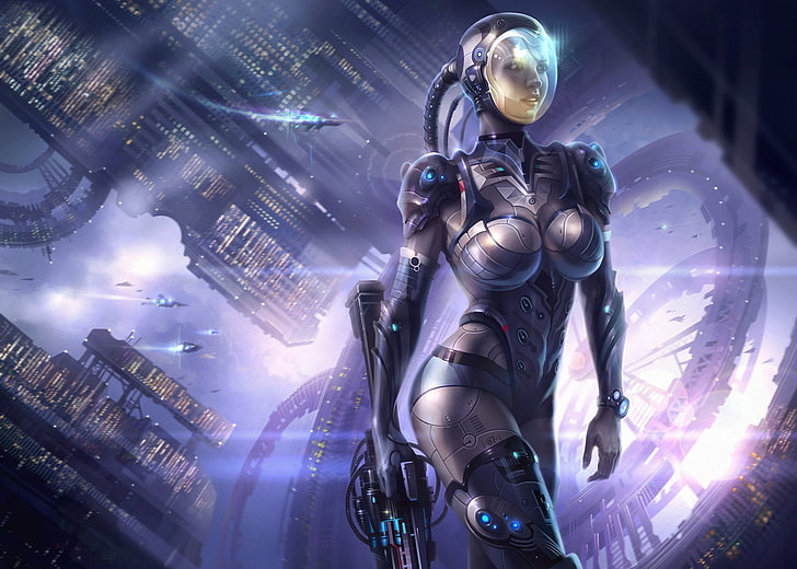 woman in gray space suit illustration, girl, weapons, ships, station, HD wallpaper