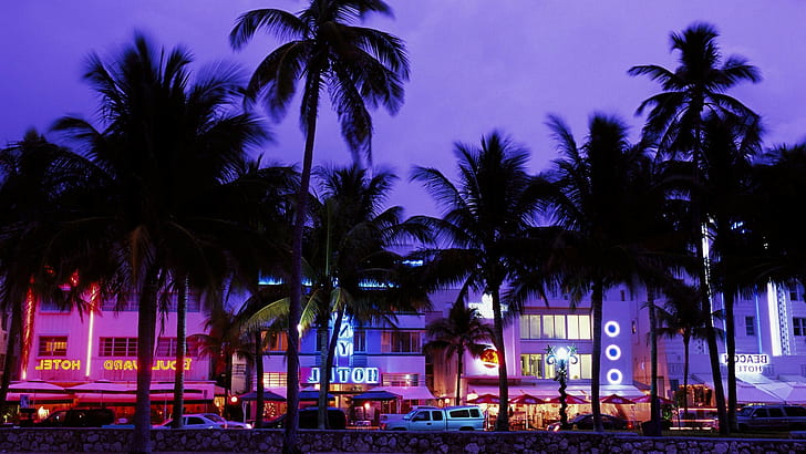 grand theft auto vice city hotels beach palm trees neon evening