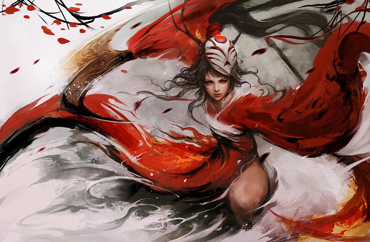 untitled, fantasy art, Akali, League of Legends, red, paint, one person